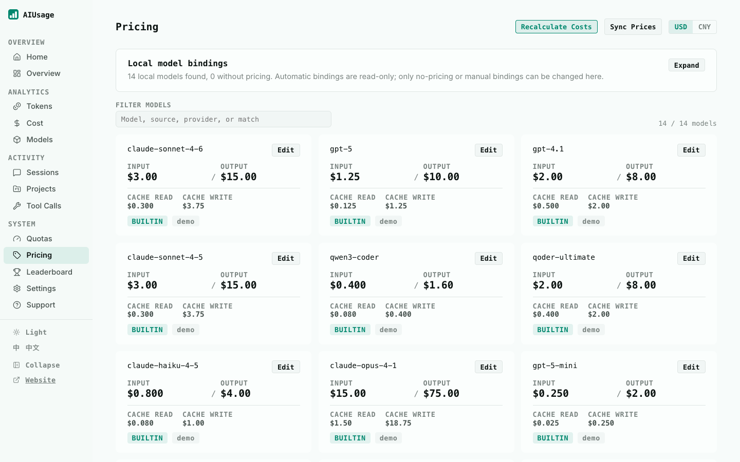 AIUsage 定价页面截图
